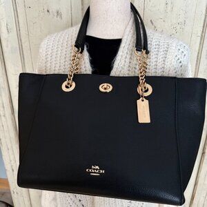 Coach Turnlock Handbag Tote w/Chain - Pebble Black Leather Gold Details 57107